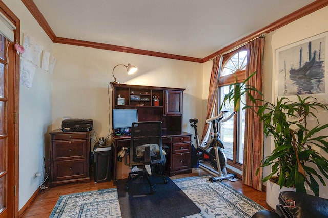 office with ornamental molding, baseboards, and wood finished floors