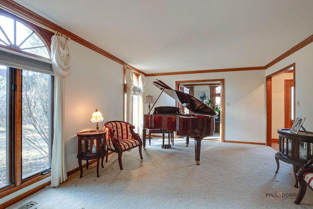 living area with carpet flooring, crown molding, visible vents, and baseboards