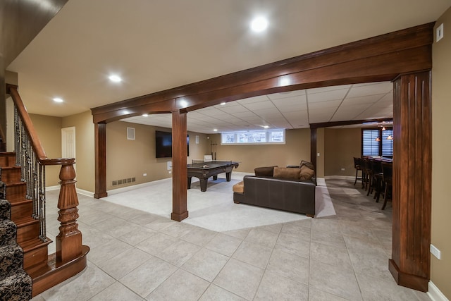 game room featuring visible vents, billiards, baseboards, and light tile patterned floors