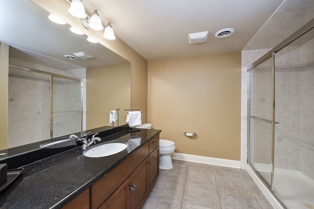 bathroom featuring toilet, visible vents, vanity, baseboards, and a shower stall