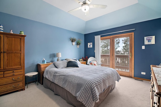 bedroom with lofted ceiling, light colored carpet, visible vents, access to outside, and baseboards