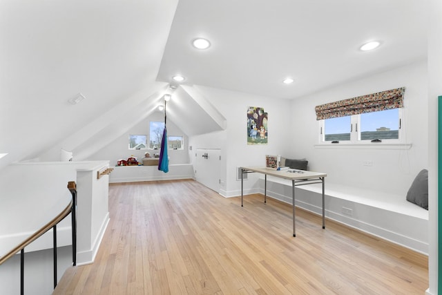 office with light wood-type flooring, lofted ceiling, baseboards, and recessed lighting