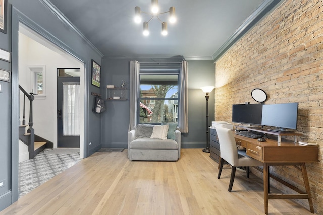 home office with baseboards, crown molding, and wood finished floors