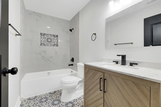 bathroom with toilet, bathtub / shower combination, visible vents, and vanity