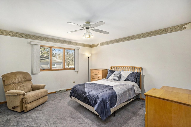 carpeted bedroom with a ceiling fan, visible vents, and baseboards