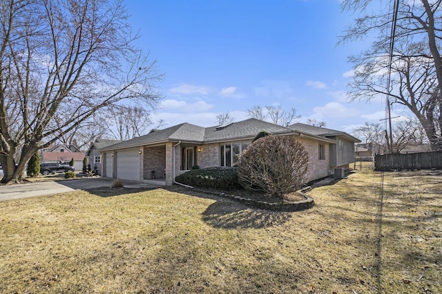 single story home featuring driveway, central AC unit, an attached garage, fence, and brick siding