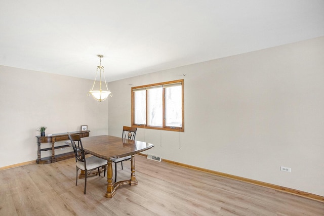 dining room with light wood-style flooring, visible vents, and baseboards