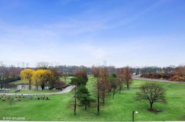 view of property's community featuring a water view and a yard