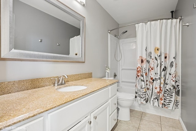 full bath with toilet, shower / bath combination with curtain, vanity, and tile patterned flooring