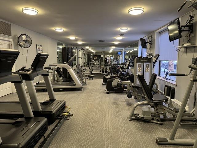 workout area with carpet floors