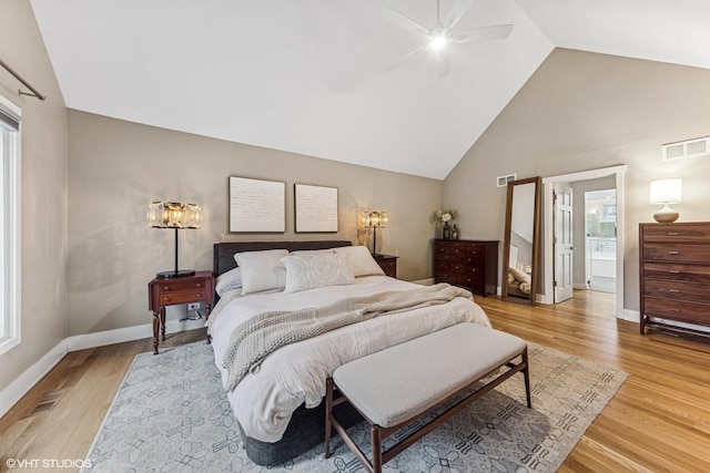 bedroom with light wood-type flooring, visible vents, and baseboards