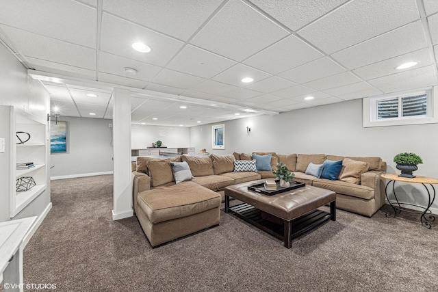 living room featuring carpet floors, recessed lighting, and baseboards