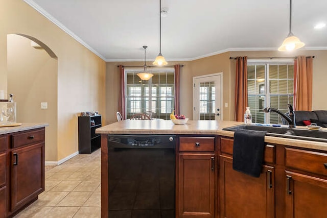 kitchen with a sink, arched walkways, crown molding, light countertops, and dishwasher