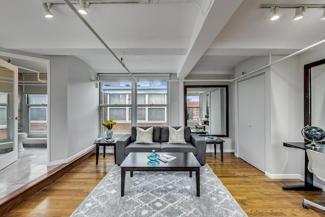 living area featuring track lighting, baseboards, and wood finished floors