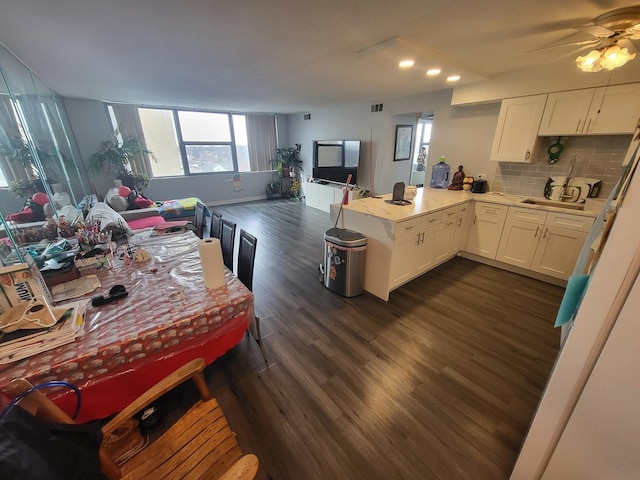 kitchen featuring dark wood-type flooring, backsplash, white cabinetry, and a peninsula