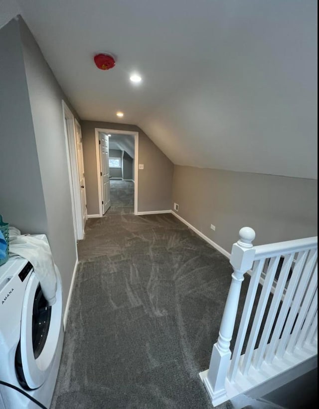 bonus room with recessed lighting, carpet flooring, baseboards, vaulted ceiling, and washer / clothes dryer