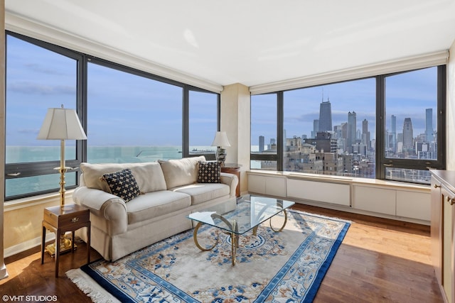 sunroom featuring a view of city