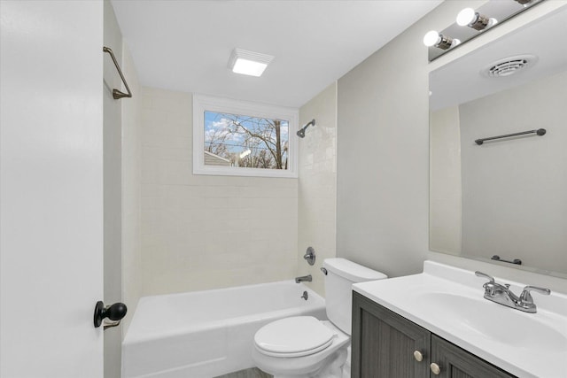 full bath featuring visible vents, shower / tub combination, vanity, and toilet