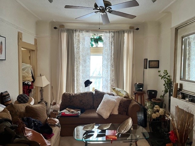 living area featuring a ceiling fan