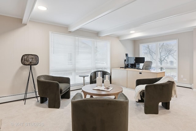 interior space featuring light carpet, a baseboard heating unit, and beam ceiling