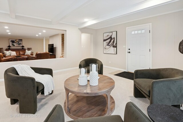 living area featuring recessed lighting, carpet, beam ceiling, and baseboards