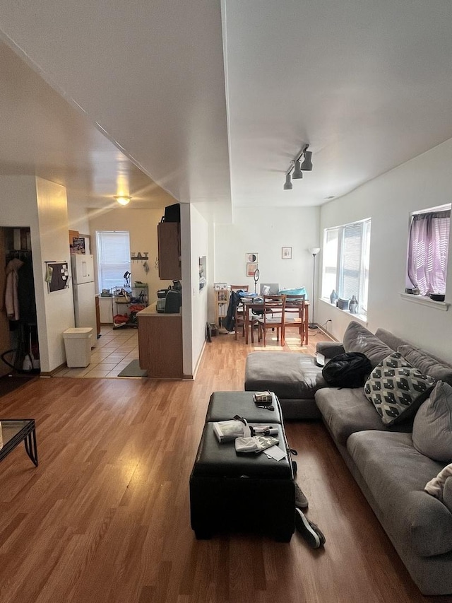 living area with light wood-type flooring and track lighting