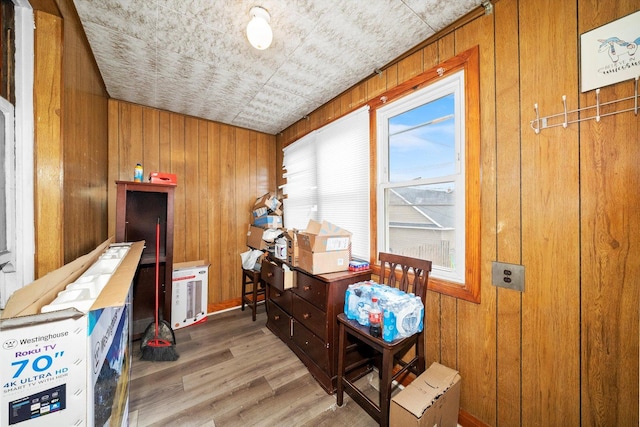 interior space featuring light wood-style flooring and wooden walls