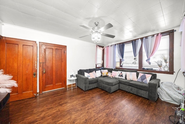 living room featuring ceiling fan and wood finished floors