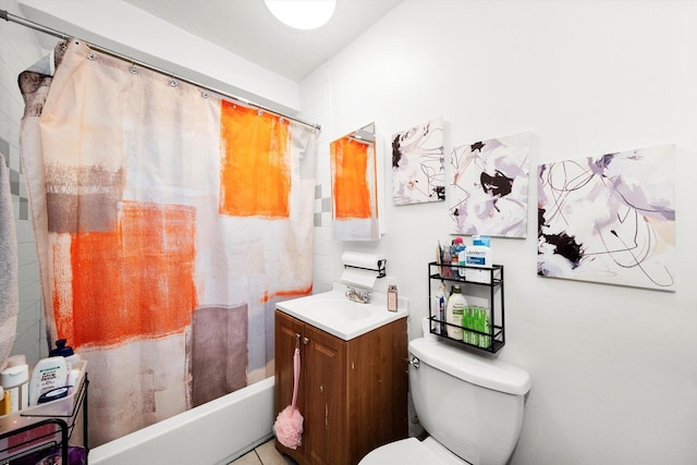 bathroom with shower / tub combo, vanity, and toilet