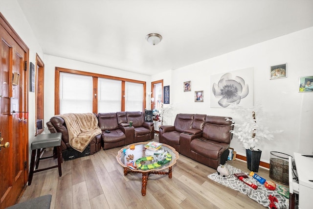 living room with wood-type flooring and baseboards