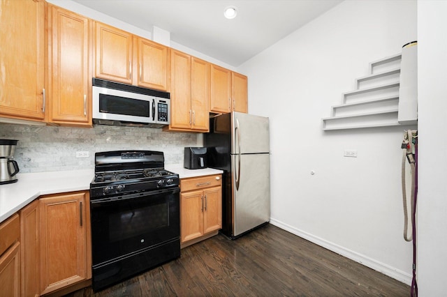 kitchen featuring open shelves, appliances with stainless steel finishes, light countertops, and backsplash