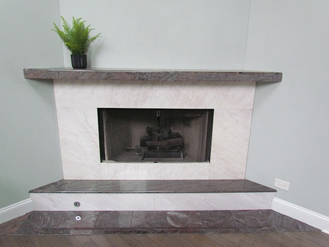 room details featuring baseboards and a fireplace with raised hearth