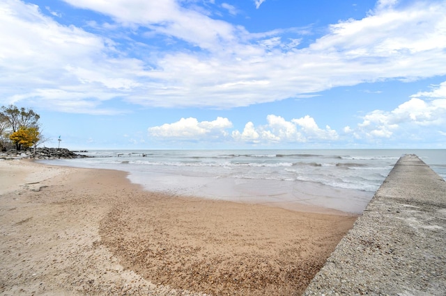 view of water feature with a beach view