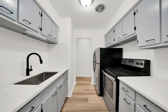 kitchen featuring visible vents, appliances with stainless steel finishes, light countertops, light wood-style floors, and a sink