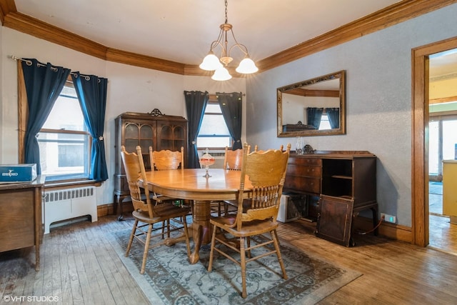 dining room with ornamental molding, an inviting chandelier, wood finished floors, and radiator