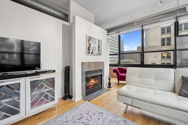 living area with a fireplace and wood finished floors