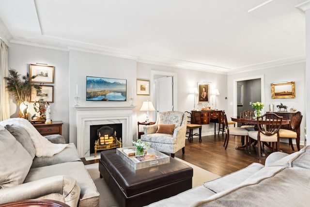 living area featuring crown molding, a premium fireplace, and wood finished floors