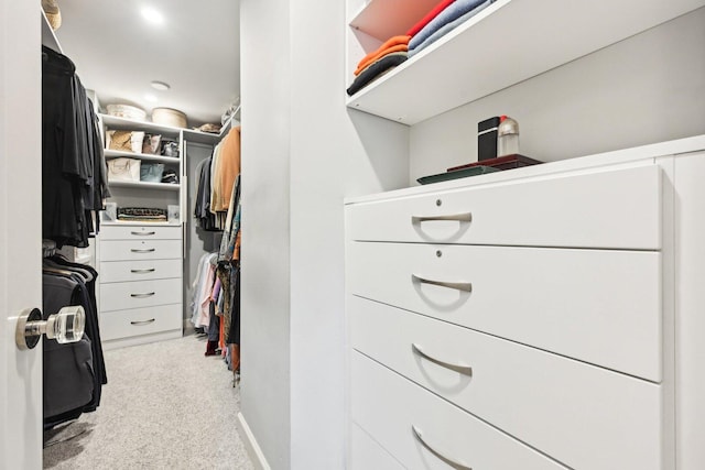 walk in closet with light colored carpet