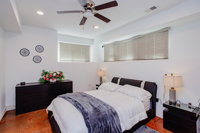 bedroom with baseboards, a ceiling fan, visible vents, and recessed lighting