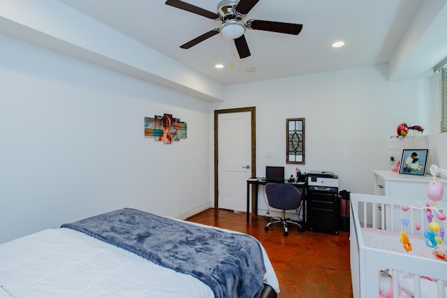 bedroom with a ceiling fan and recessed lighting