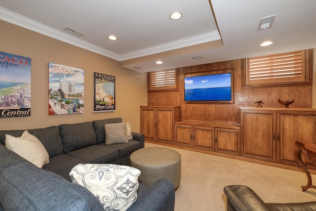 living room featuring ornamental molding, recessed lighting, visible vents, and light carpet