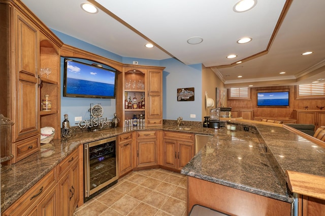 bar featuring wet bar, recessed lighting, a sink, ornamental molding, and wine cooler