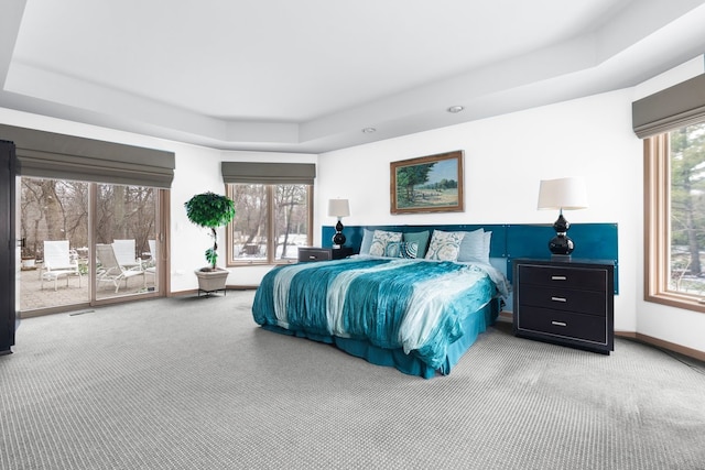 bedroom with carpet floors, access to outside, multiple windows, and a tray ceiling