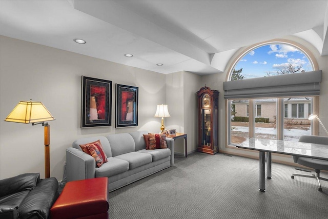 living room with carpet and recessed lighting