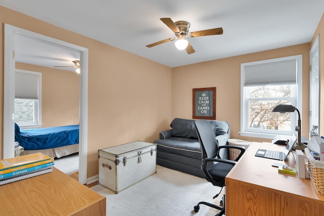 office with ceiling fan, carpet floors, and baseboards