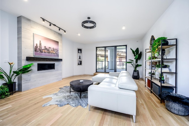 living room with rail lighting, wood finished floors, baseboards, and a large fireplace