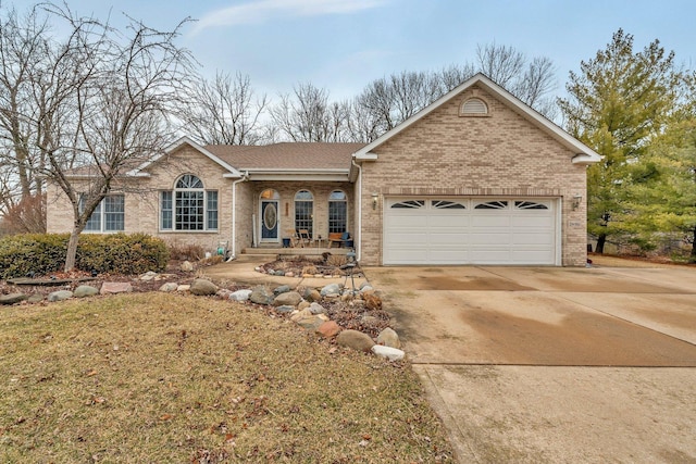 ranch-style home with concrete driveway, brick siding, an attached garage, and roof with shingles