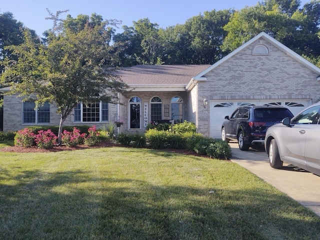 ranch-style home featuring a garage, concrete driveway, brick siding, and a front lawn