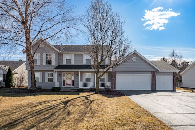 view of front facade featuring concrete driveway, a porch, an attached garage, and a front yard