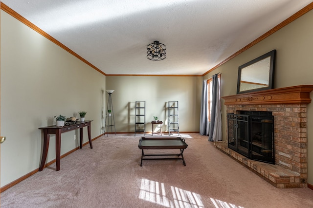 living area featuring a brick fireplace, crown molding, baseboards, and carpet flooring